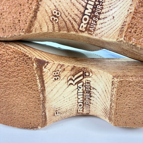 Romika Beige Leather Open Toe Wedge Cork Heel Sandals Women's Size US 7.5 EU 38 - Picture 9 of 11